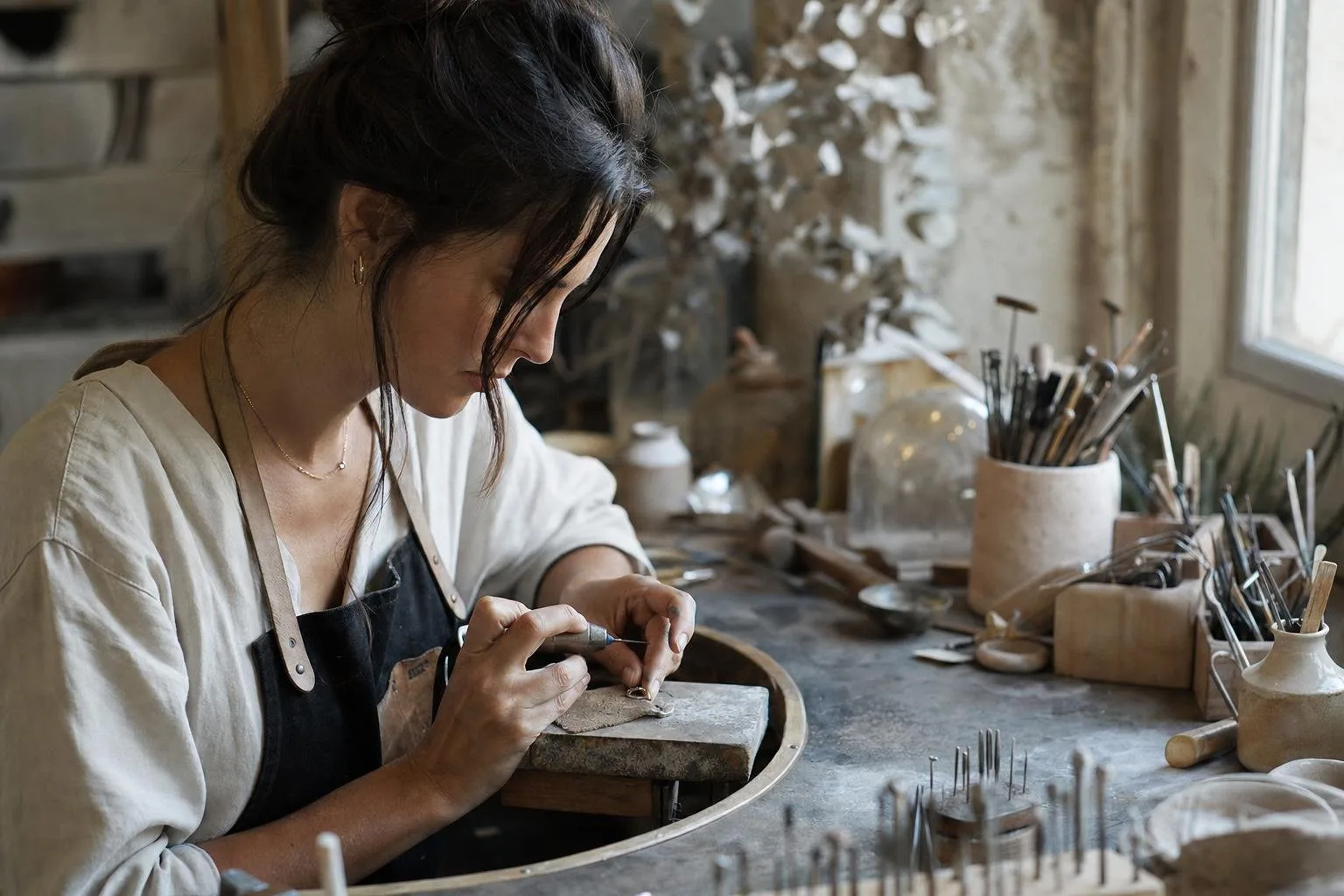 A student sawing silver sheet at a jeweler's bench pin under a task lamp